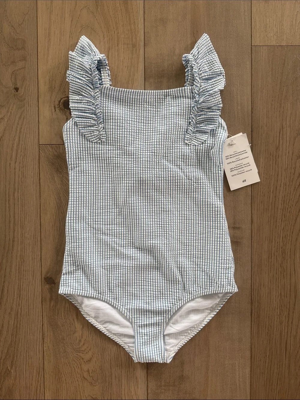H&M Light Blue & White Seersucker Ruffle Strap One-Piece Swimsuit